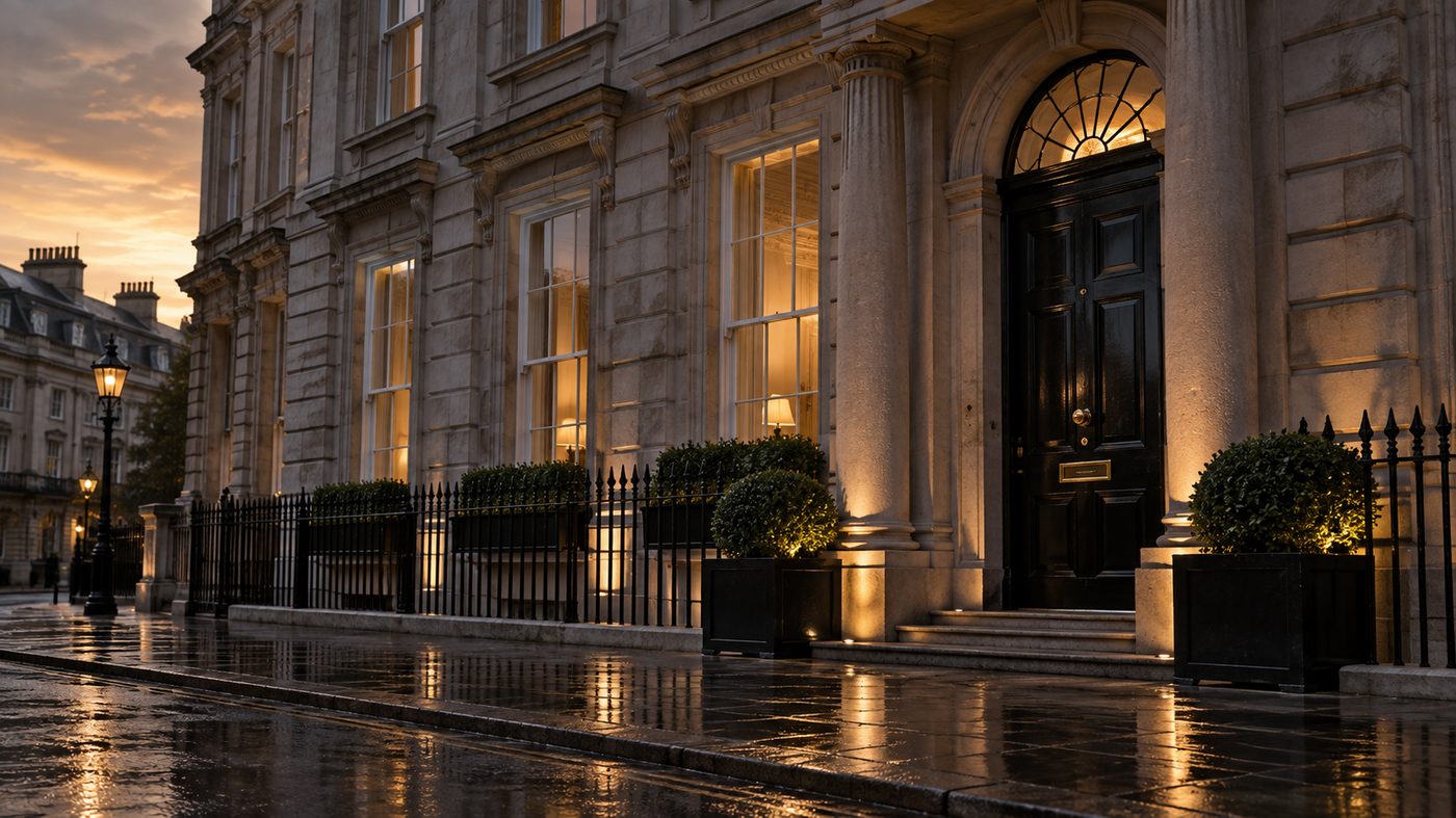 Stone office building at dusk